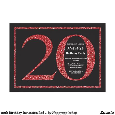 20th Birthday Invitation Red Glitter Chalkboard Custom Invitations