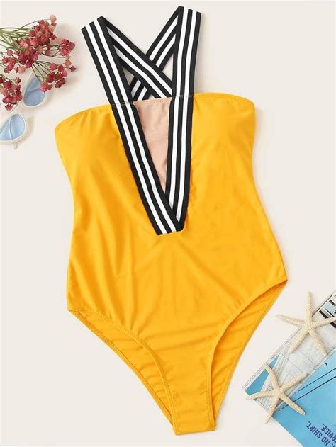 Striped Tape Criss Cross One Piece Swimsuit One Piece Swimsuit