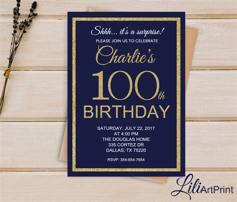100th Birthday Invitation Gold Invitation Gold Glitter Etsy
