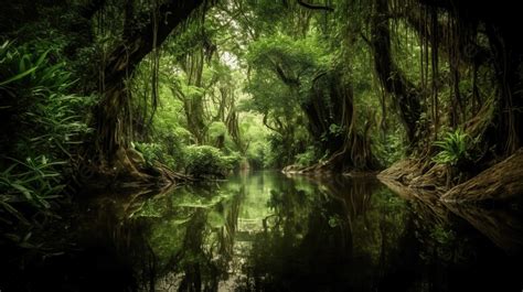 Sungai Yang Dikelilingi Pepohonan Hijau Hutan Sungai Amazon Foto