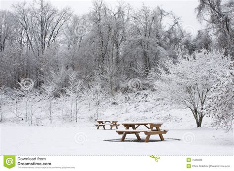 Ein picknick ist eine im freien eingenommene mahlzeit. Zwei Picknick-Bänke Im Schnee Lizenzfreie Stockbilder ...