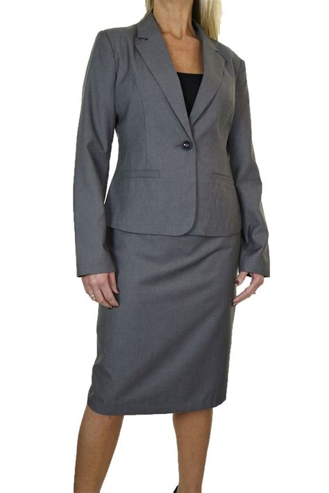 elegant dark gray office uniform skirt suit autumn full sleeve blazer jacket skirt 2 pieces