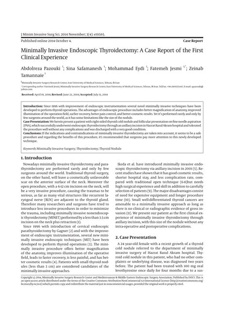 Pdf Minimally Invasive Endoscopic Thyroidectomy A Case Report Of The First Clinical Experience