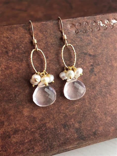 Rose Quartz And Pearl Earrings Pink And White Teardrop Etsy