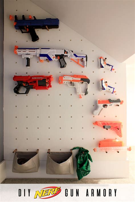 Here is a real simple diy nerf gun storage rack system for under $$20.00 bucks. DIY Nerf Gun Armory