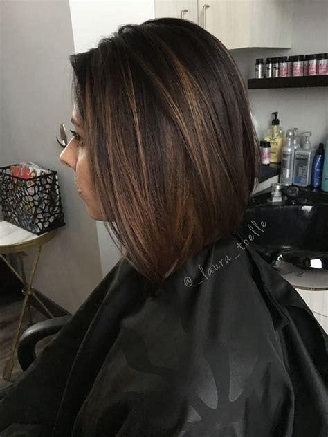 Dark Brown Hair Caramel Highlights Short Lob Lkhairstudios Thick