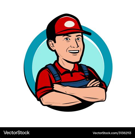 Service Logo Or Label Happy Worker Cartoon Vector Image