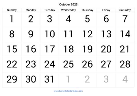 October 2023 Calendar Printable With Large Numbers