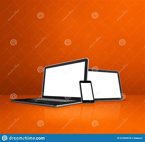 Laptop Mobile Phone And Digital Tablet Pc On Orange Office Desk Stock