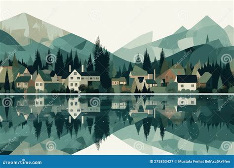 Serene and Minimalist Illustration of a Rustic Mountain Cabin Nestled