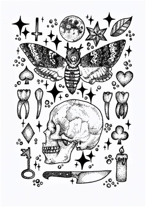A5 Print Macabre Skull And Moth Dotwork Flash Sheet Illustration