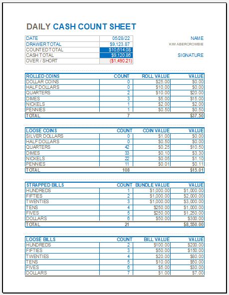 Daily Cash Count Sheet Template Download For Excel Xls