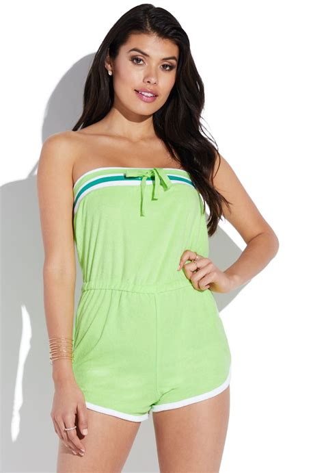 Terry Strapless Romper In Lime Rompers Terry Romper Strapless Romper
