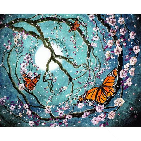 Monarch Butterflies Peace Sign Tree Sakura Cherry Blossoms Teal Moon
