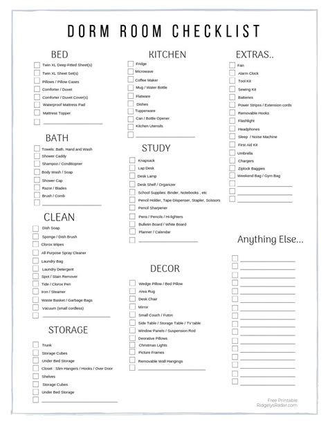 Printable College Dorm Checklist