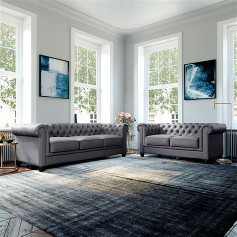 Hampton 32 Seater Chesterfield Sofa Set Grey Classic Faux Leather