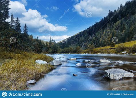 River In Mountains With Rocks Yellow Grass On Riverside Autumn Stock