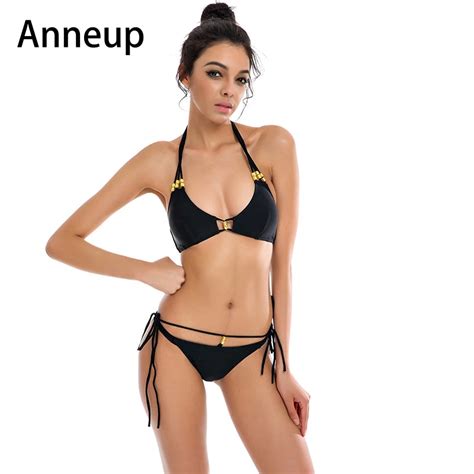 Anneup Push Up Bikini 2017 Mini Swimwear Women Bathing Suit Low Waist Solid Swimming Suit For