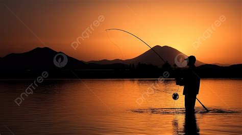 Fisherman Fishing Silhouette At Sunset On Lake With Mountains