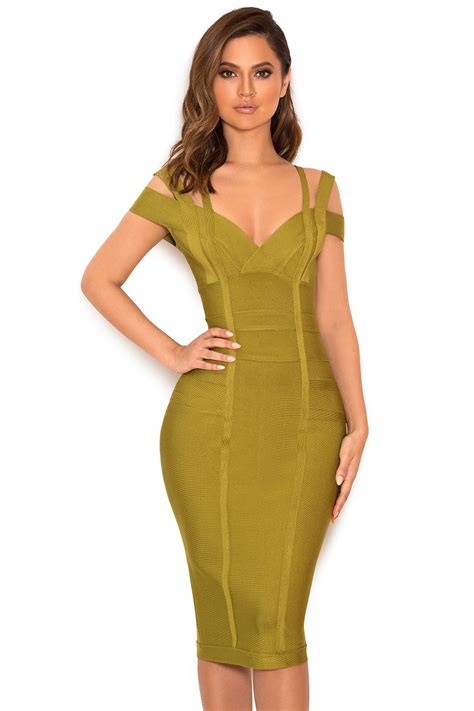 Clothing Bandage Dresses Mimi Olive Green Off Shoulder Lurex Bandage Dress Bandage Dress