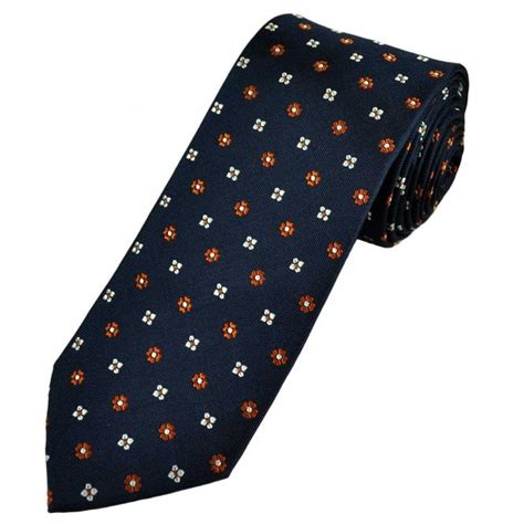 Luxury Navy Blue With Burnt Orange And Silver Flower Patterned Mens Silk