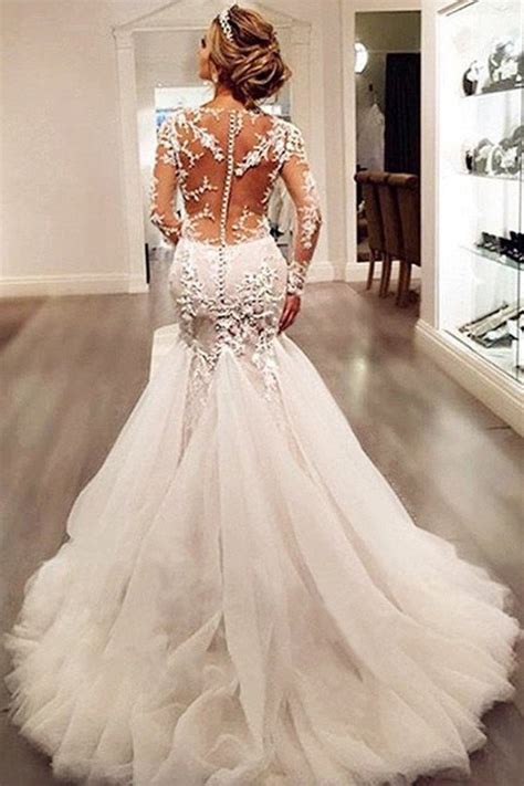 Long Sleeve Lace Mermaid Wedding Dresses Sexy See Through Long Custom