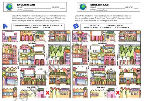 English Worksheets Giving Directions Map