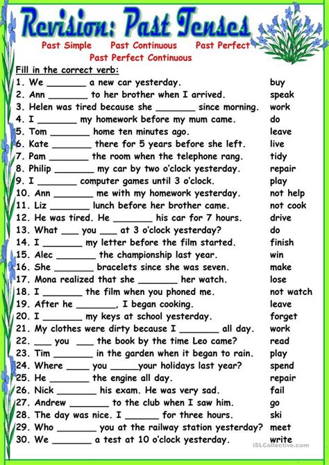 Revisionpast Tenses Past Tense Worksheet Tenses English Verb Tenses