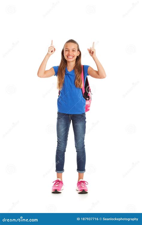 School Girl With Big Smile Gestures Upwards Stock Photo Image Of
