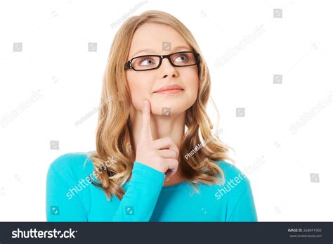 Happy Pensive Teenage Woman Finger On Stock Photo 268941992 Shutterstock