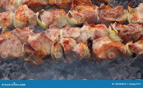 Barbecue Closeup Meat Roasted On The Fire The Pork Is Marinated Shish Kebab Delicious Food