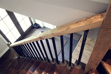 Watch this video from this old house to learn how to install a handrail. rustic natural wood stair rail with steel pipe spindles | For the Home | Staircase railings ...
