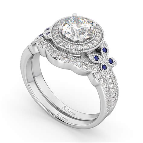 Butterfly Diamond And Sapphire Engagement Set 14k White Gold 050ct U1773