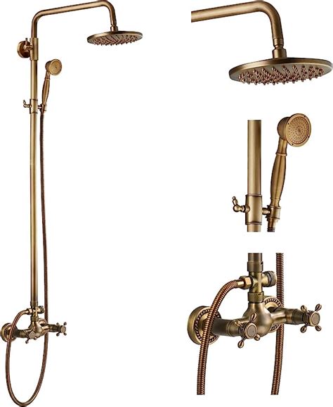 Antique Brass Bathroom Shower Faucet Set Brushed Gold Shower Fixture 8 Inch Rainfall Shower Head