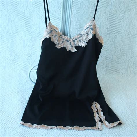 Black Sexy Spaghetti Strap Nightie Embroidery Nightgown Mini Nightdress