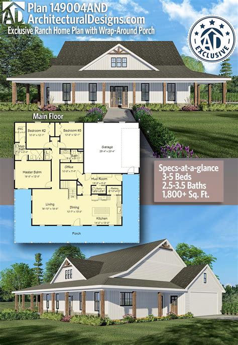 Plan 149004and Exclusive Ranch Home Plan With Wrap Around Porch