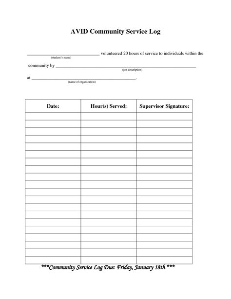 Printable Community Service Log Sheet