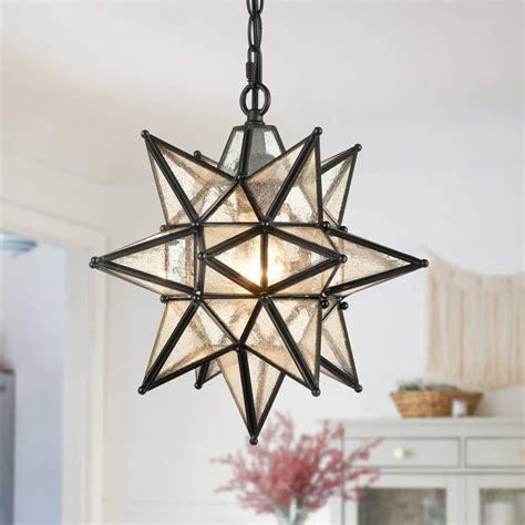 Black Moravian Star Pendant Chandelier With Seeded Glass 13 Inch Claxy