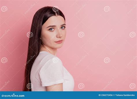 Profile Side View Of Nice Lovely Cute Attractive Calm Girl Confident Serious Isolated Over Pink