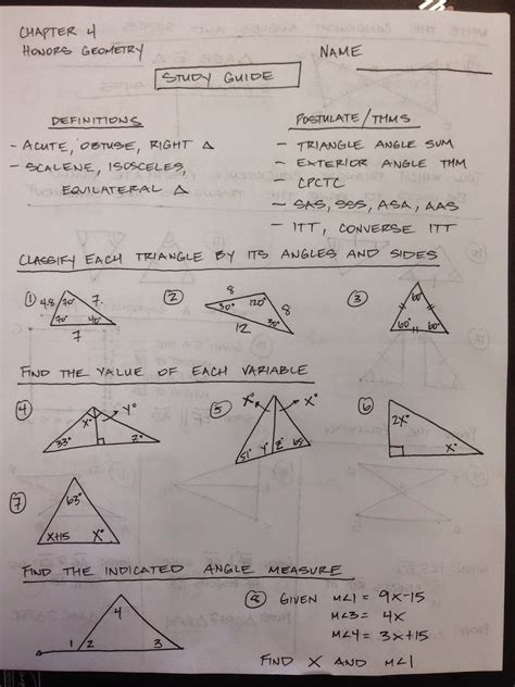 Completed study guide for unit 2 test. Honors Geometry - Vintage High School: Chapter 4 Test ...