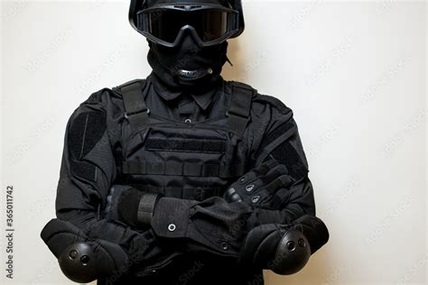 Swat In Black Uniform Face Mask And Bulletproof Vest Russian Special