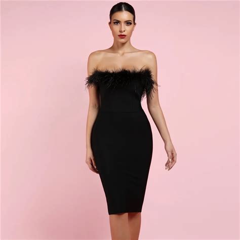 New Arrival Feathers Embellished Mini Black Sexy Strapless Bodycon Bandage Dress Celebrity