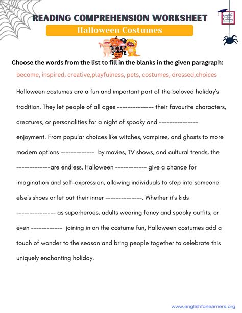Reading Comprehension Fill In The Blanks Worksheet Halloween Costumes