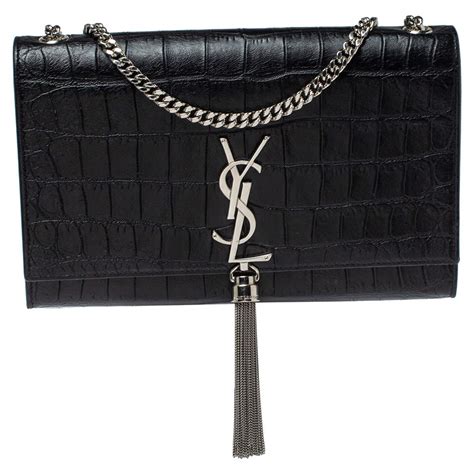 Saint Laurent Black Croc Embossed Leather Kate Monogram Shoulder Bag