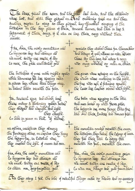 From Jrrtolkiens The Hobbit The Dwarves Song Handwritten In A