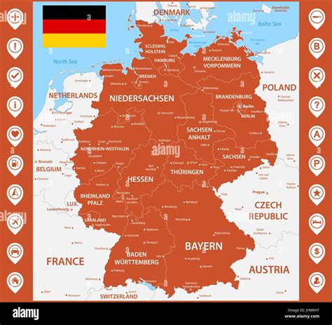 The Detailed Map Of The Germany With Regions Or States And Cities Stock