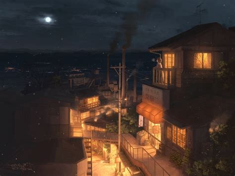 Wallpaper Night Street Sky Lights Anime Cityscape Buildings Moon