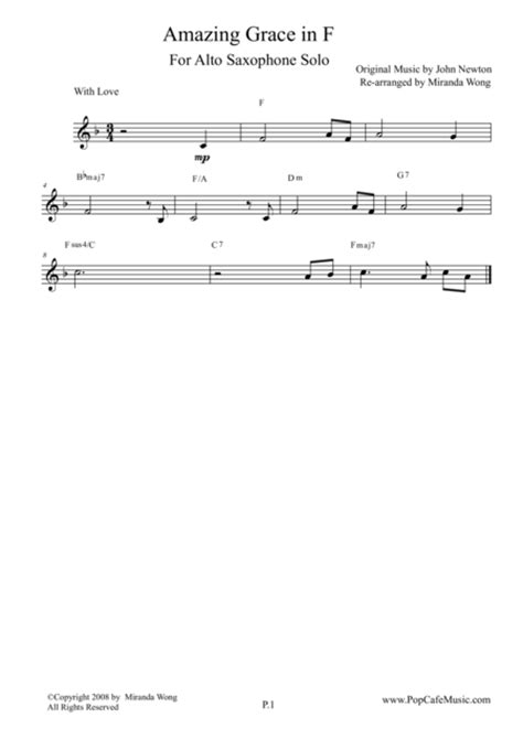 Amazing Grace Alto Saxophone Solo Concert Key Sheet Music