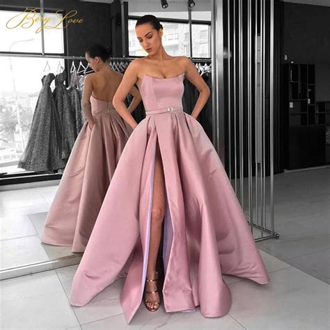 Berylove Blush Pink Long Elegant Evening Dress 2019 High Slit Satin