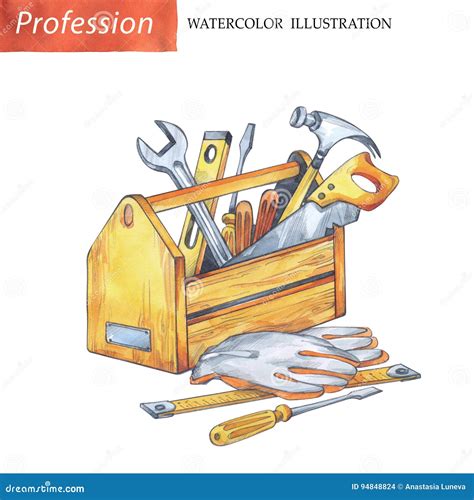 Hand Painted Wooden Box With Carpenter Tools Stock Illustration